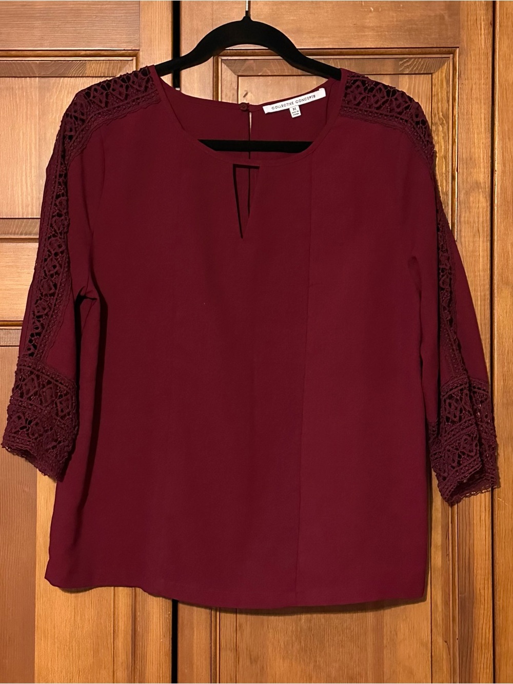 Burgundy Women’s Blouse w/ delicate lace crochet three-quarter sleeves